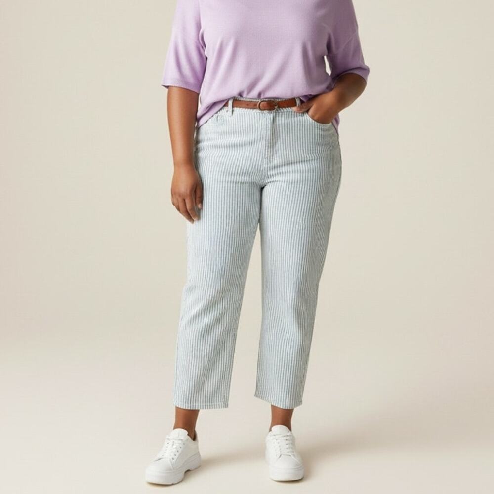 Old Navy High Rise Barrel Leg Pants NWT Women's Sz 22 White Blue Pinstripe